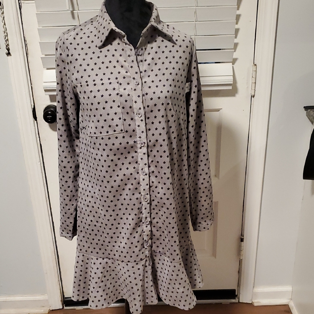 Joy Joy Corduroy Gray Star Pattern Shirt Dress